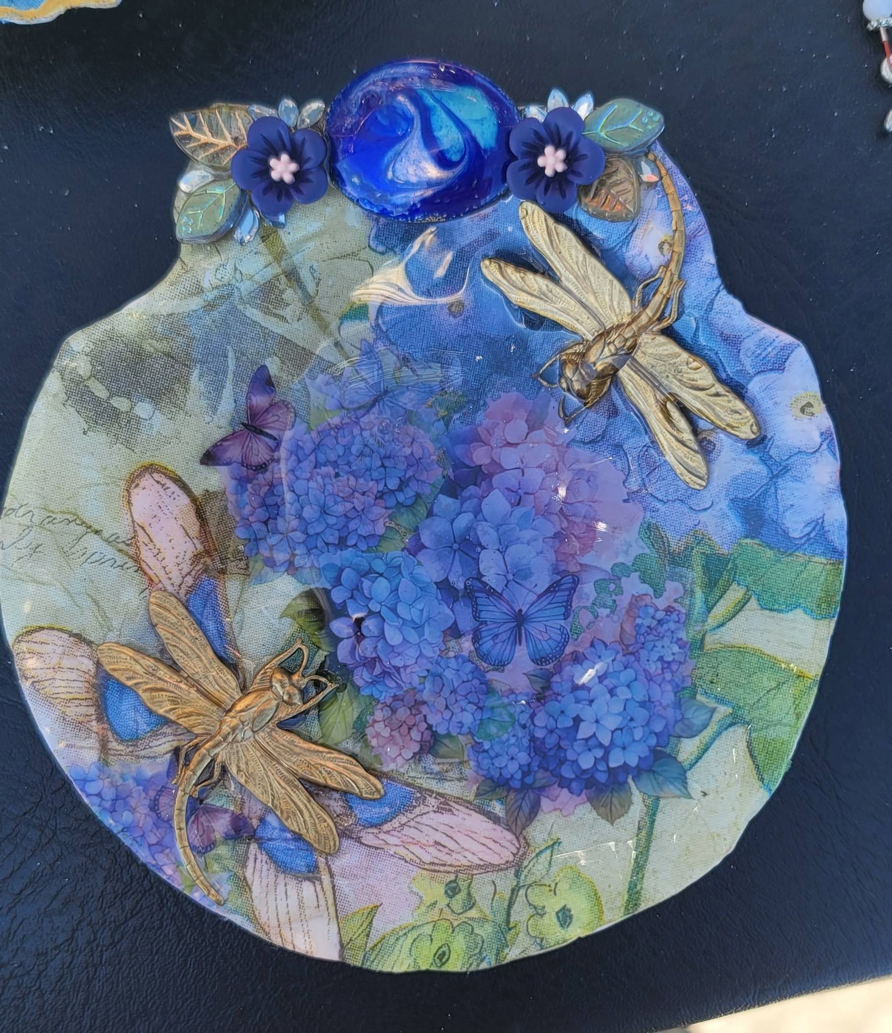 Hydrangea disk with brass dragonflies and cobalt glass