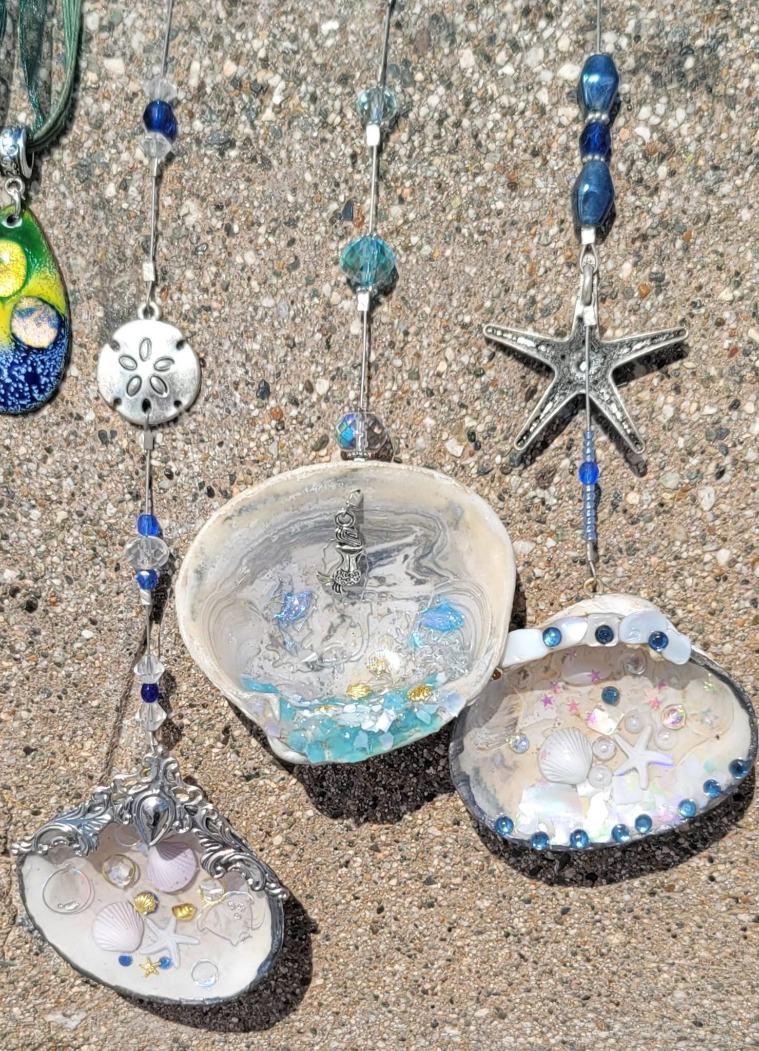 Hanging shells with beads, starfish, mermaid, and sand dollar